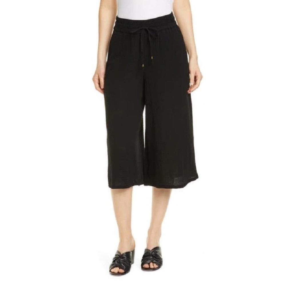 Eileen Fisher Black Culotte Pants‎ Lofty Gauze Organic Cotton Wide Leg M  $158